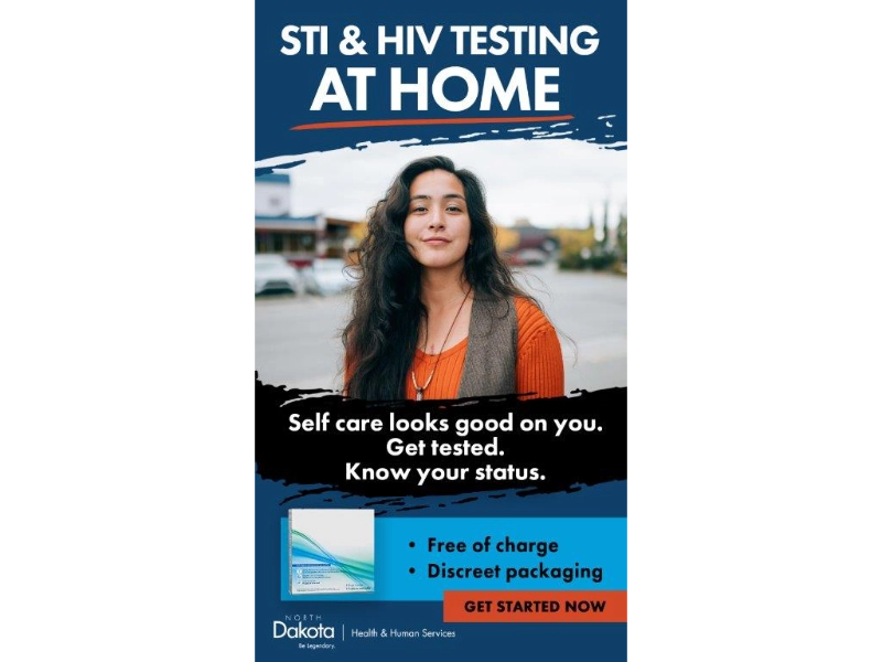 graphic of a female with the words: STI & HIV testing at home. Self care looks good on you. Get tested. Know your status. Free of charge. Discreet packaging. Get started now.