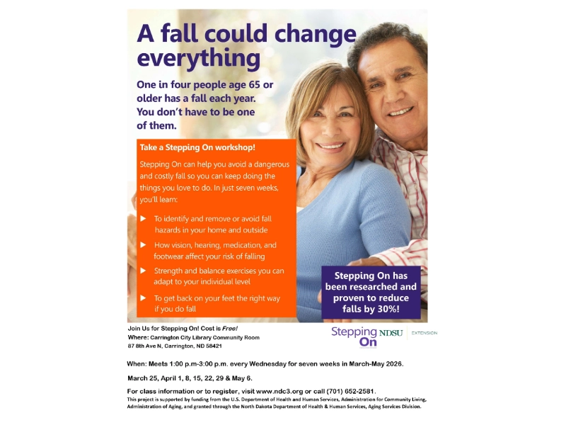 graphic with the words: A fall could change everything. Take a Stepping On workshop!